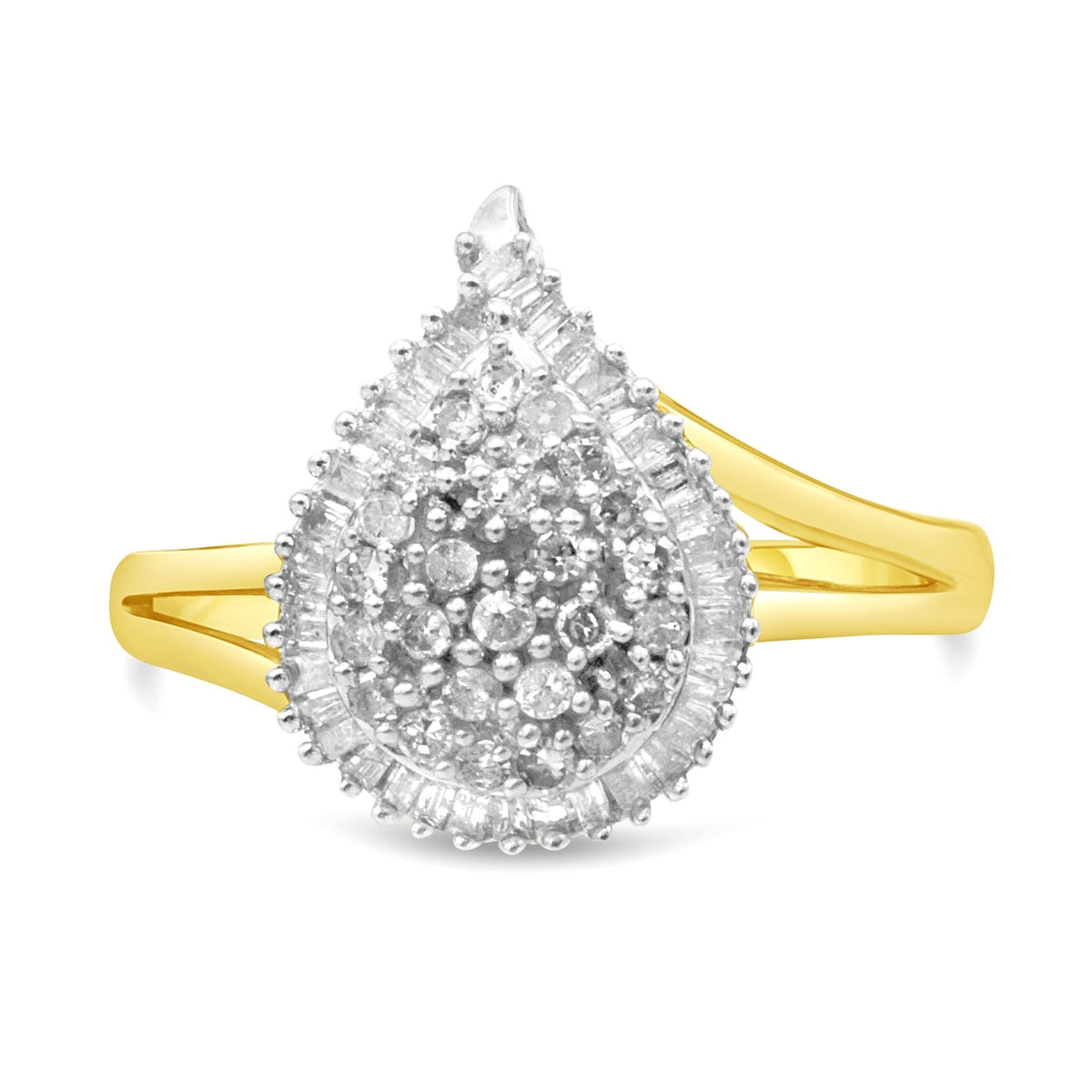 10K Yellow Gold 1/2 Cttw Round and Baguette-Cut Diamond Pear Ring (I-J Color, I1-I2 Clarity) - Size 7 - LinkagejewelrydesignLinkagejewelrydesign