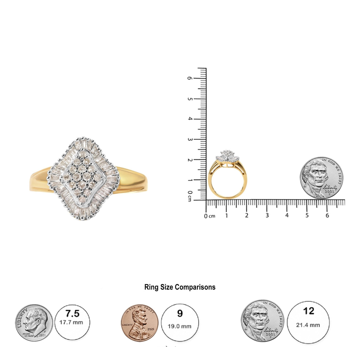 10K Yellow Gold 1/2 Cttw Round And Baguette-cut Diamond Rhombus Head and Halo Ring (I-J Color, I1-I2 Clarity) - Ring Size 7 - LinkagejewelrydesignLinkagejewelrydesign