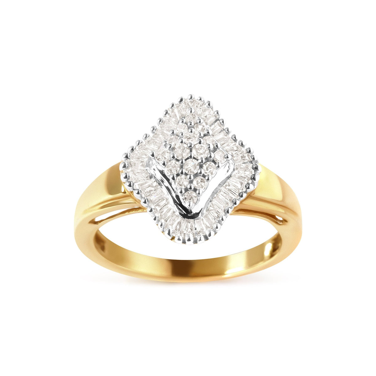 10K Yellow Gold 1/2 Cttw Round And Baguette-cut Diamond Rhombus Head and Halo Ring (I-J Color, I1-I2 Clarity) - Ring Size 7 - LinkagejewelrydesignLinkagejewelrydesign