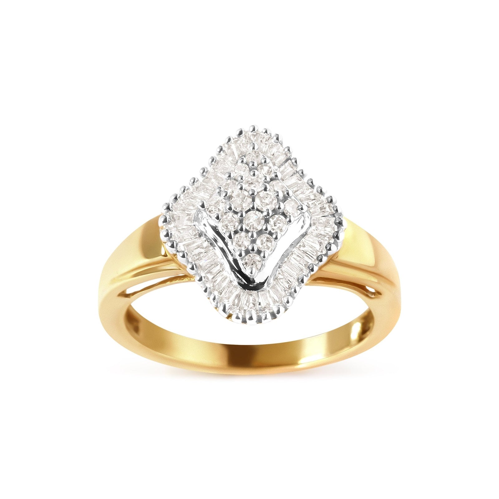 10K Yellow Gold 1/2 Cttw Round And Baguette-cut Diamond Rhombus Head and Halo Ring (I-J Color, I1-I2 Clarity) - Ring Size 7 - LinkagejewelrydesignLinkagejewelrydesign