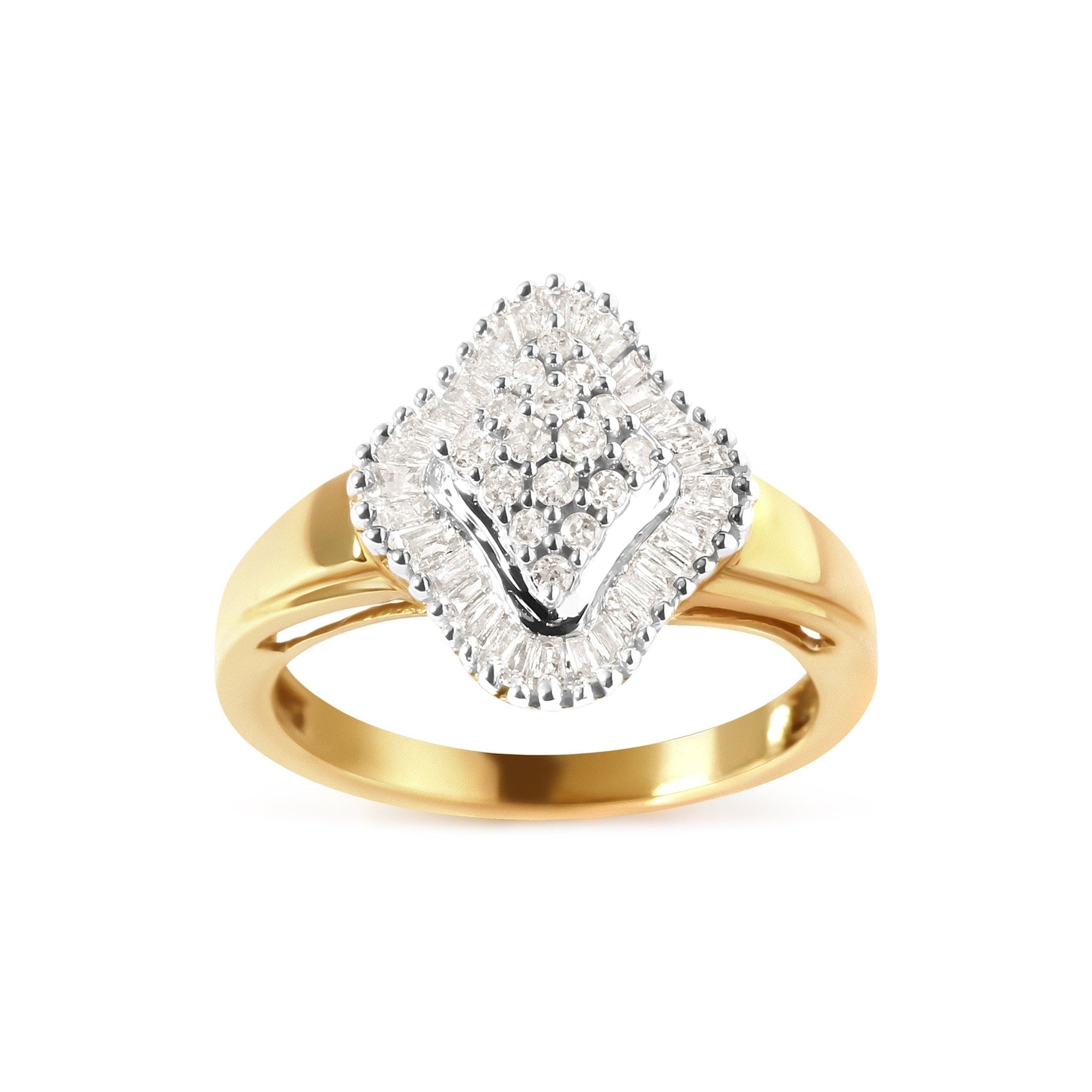 10K Yellow Gold 1/2 Cttw Round And Baguette-cut Diamond Rhombus Head and Halo Ring (I-J Color, I1-I2 Clarity) - Ring Size 7 - LinkagejewelrydesignLinkagejewelrydesign