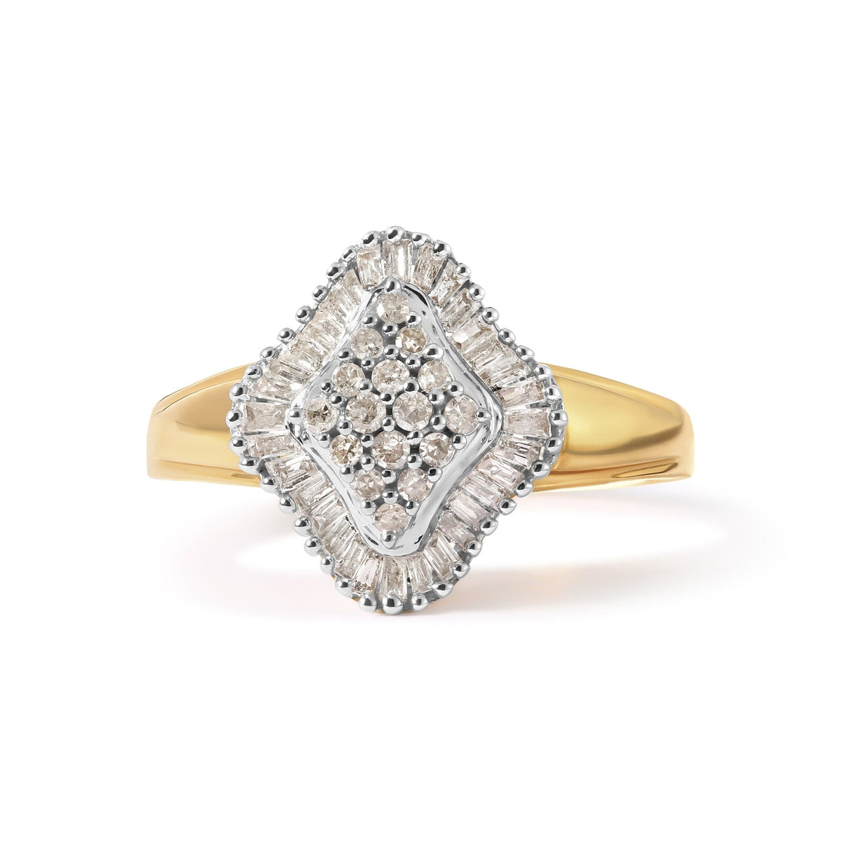 10K Yellow Gold 1/2 Cttw Round And Baguette-cut Diamond Rhombus Head and Halo Ring (I-J Color, I1-I2 Clarity) - Ring Size 7 - LinkagejewelrydesignLinkagejewelrydesign