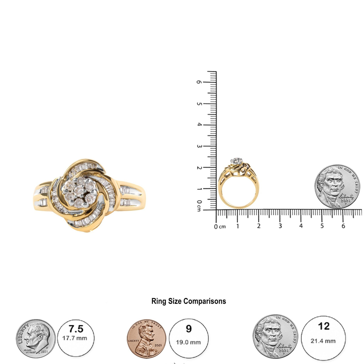 10K Yellow Gold 1/2 Cttw Round and Baguette Diamond Flower Swirl Cocktail Ring (I-J Color, SI2-I1 Clarity) - Ring Size 7 - LinkagejewelrydesignLinkagejewelrydesign
