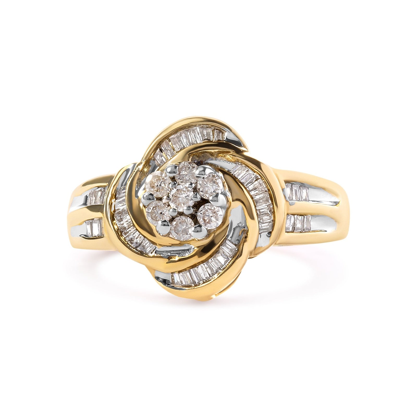 10K Yellow Gold 1/2 Cttw Round and Baguette Diamond Flower Swirl Cocktail Ring (I-J Color, SI2-I1 Clarity) - Ring Size 7 - LinkagejewelrydesignLinkagejewelrydesign