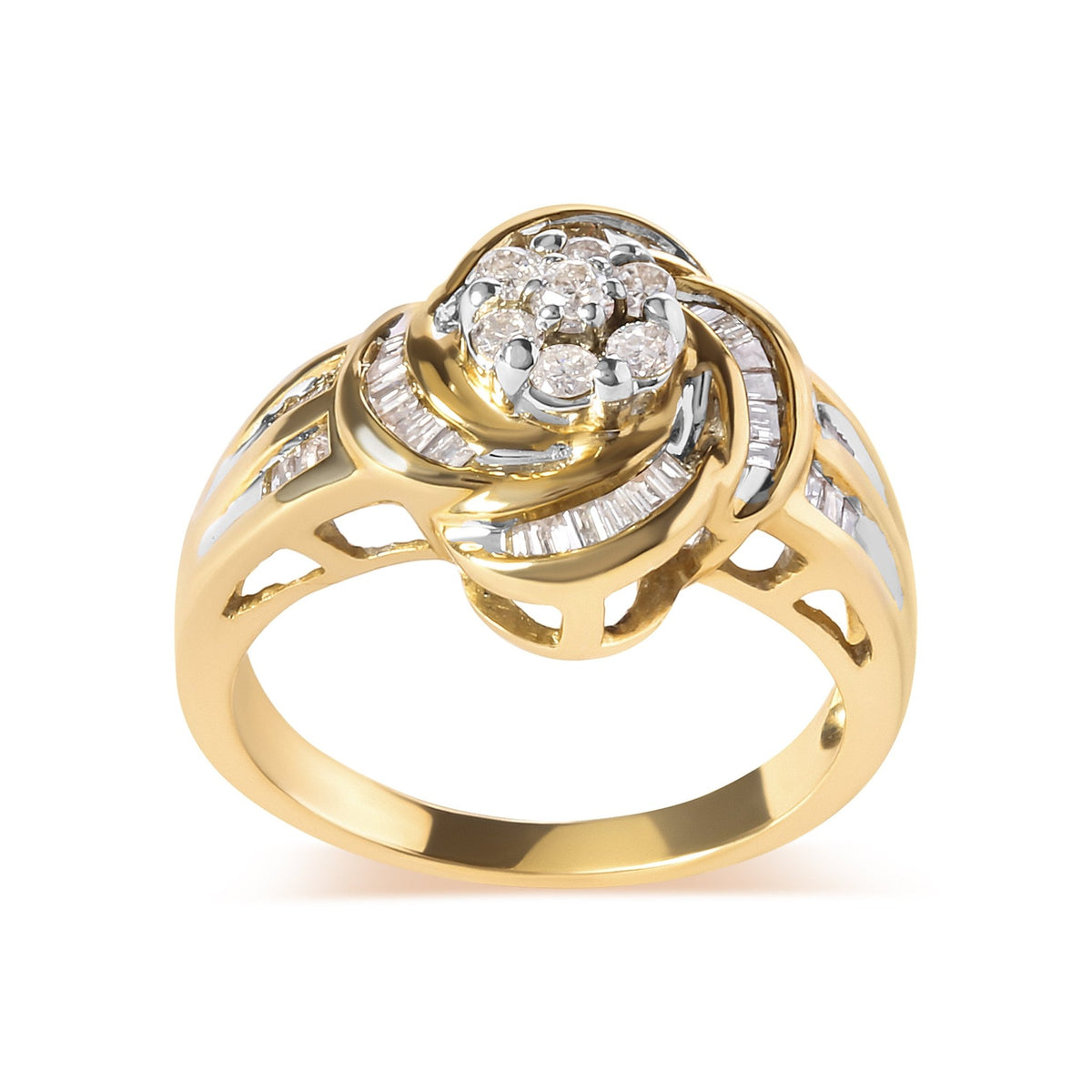 10K Yellow Gold 1/2 Cttw Round and Baguette Diamond Flower Swirl Cocktail Ring (I-J Color, SI2-I1 Clarity) - Ring Size 7 - LinkagejewelrydesignLinkagejewelrydesign
