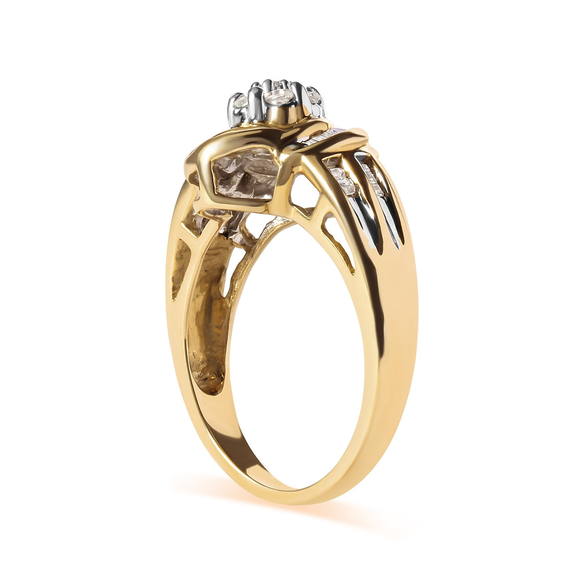 10K Yellow Gold 1/2 Cttw Round and Baguette Diamond Flower Swirl Cocktail Ring (I-J Color, SI2-I1 Clarity) - Ring Size 7 - LinkagejewelrydesignLinkagejewelrydesign