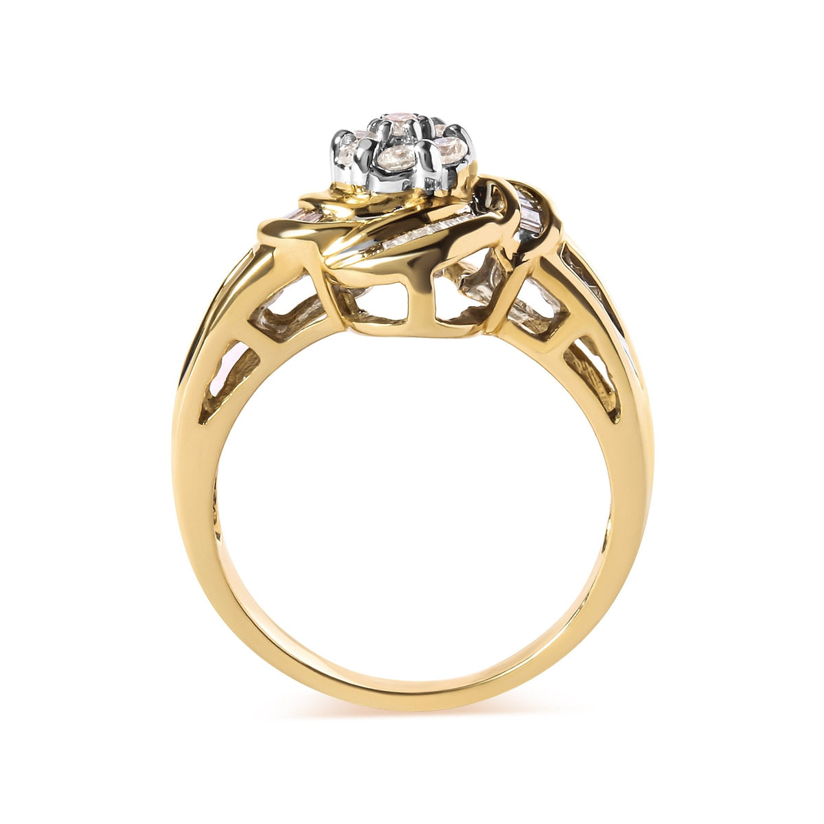 10K Yellow Gold 1/2 Cttw Round and Baguette Diamond Flower Swirl Cocktail Ring (I-J Color, SI2-I1 Clarity) - Ring Size 7 - LinkagejewelrydesignLinkagejewelrydesign
