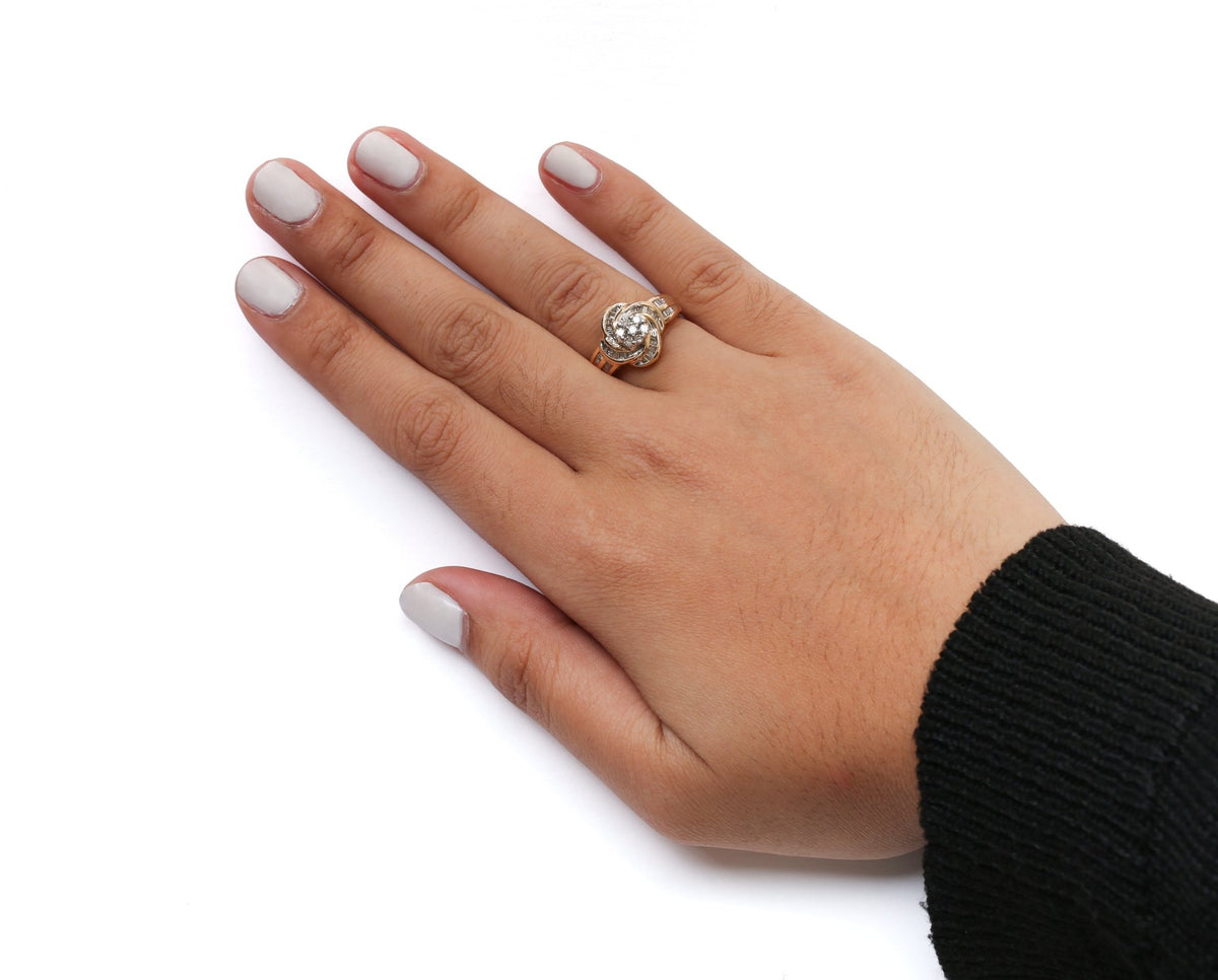 10K Yellow Gold 1/2 Cttw Round and Baguette Diamond Flower Swirl Cocktail Ring (I-J Color, SI2-I1 Clarity) - Ring Size 7 - LinkagejewelrydesignLinkagejewelrydesign