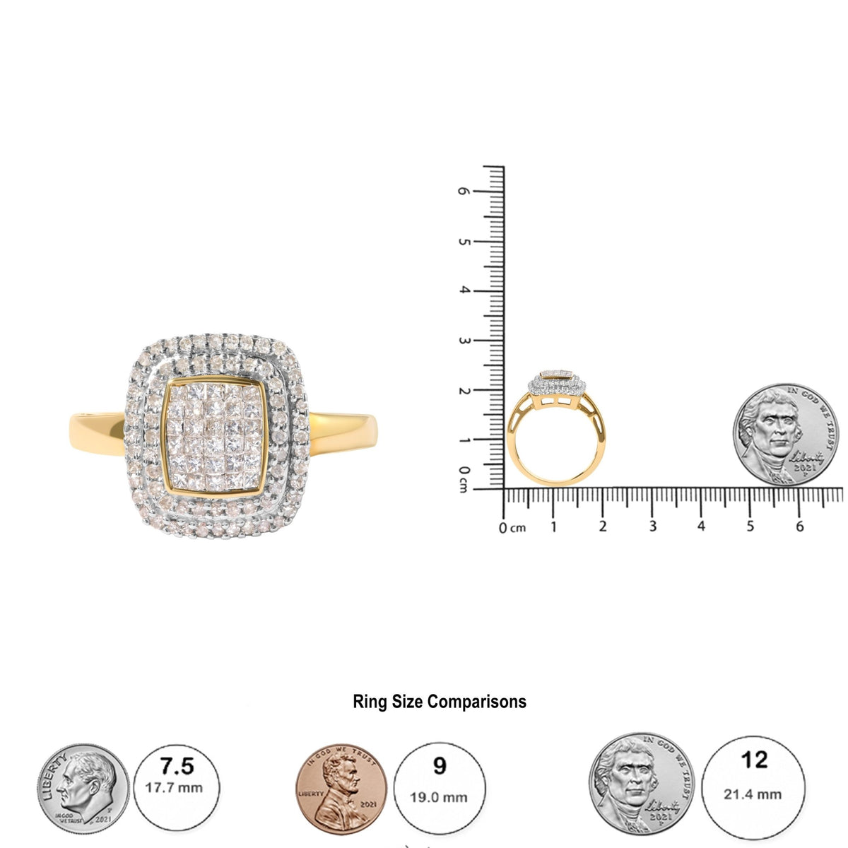 10K Yellow Gold 1/2 cttw Round and Princess Diamond Composite Head and Halo Ring (H-I Color, SI1-SI2 Clarity) - Ring Size 7 - LinkagejewelrydesignLinkagejewelrydesign