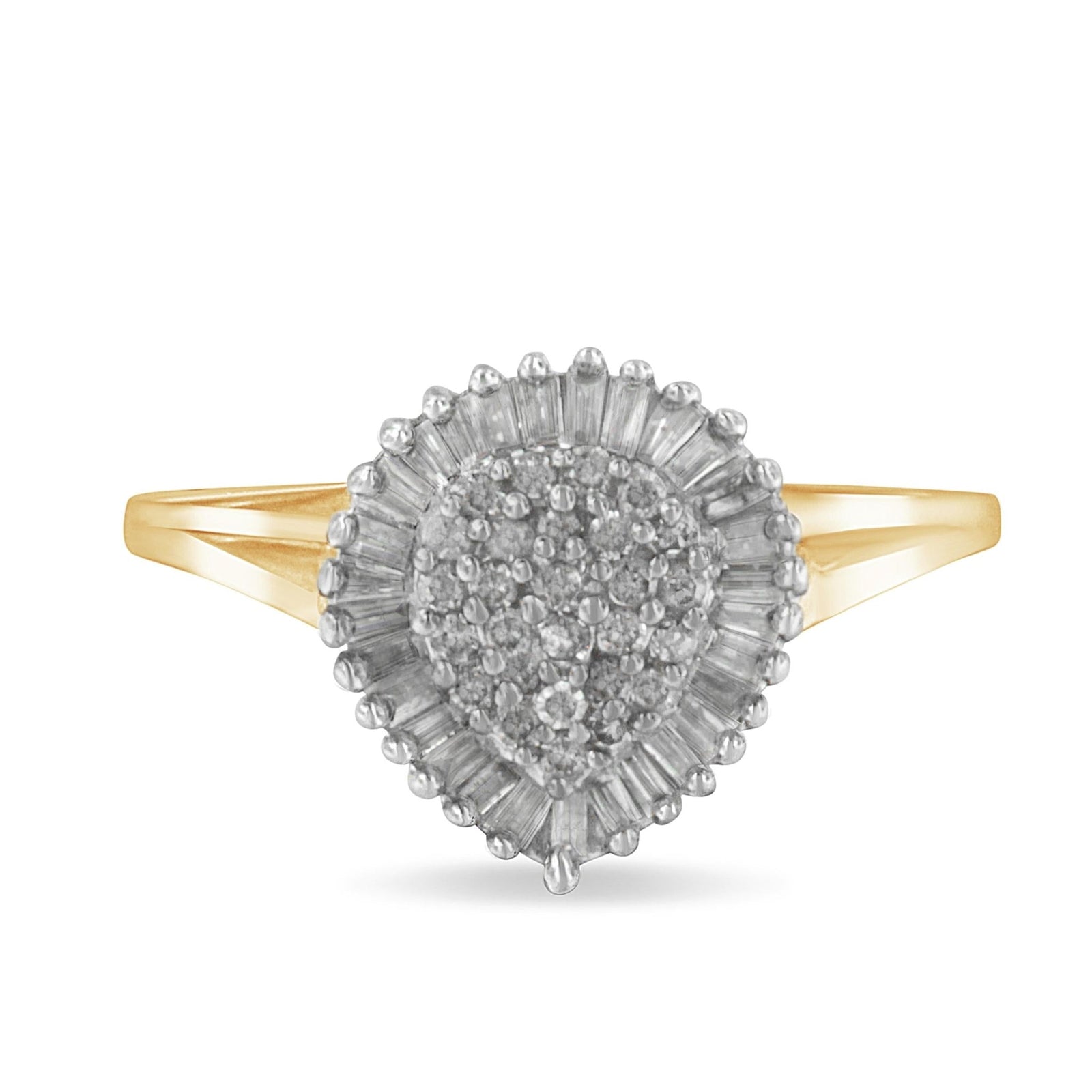 10K Yellow Gold 1/2 Cttw Round & Baguette Cut Diamond Pear Shaped Domed Pavé Cluster with Halo Cocktail Ring (J-K Color, I1-I2 Clarity) - Size 4-1/4 - LinkagejewelrydesignLinkagejewelrydesign