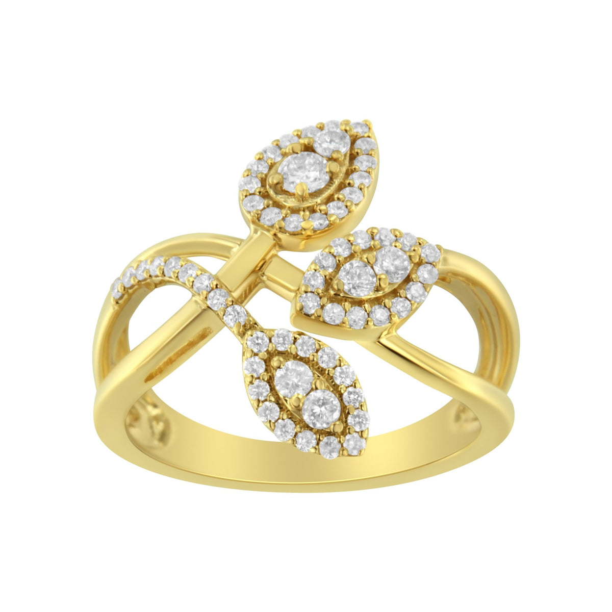 10K Yellow Gold 1/2 Cttw Round-Cut Diamond Layered Crossover Triple Leaf Bypass Ring (I-J Color, I1-I2 Clarity) - Size 7 - LinkagejewelrydesignLinkagejewelrydesign