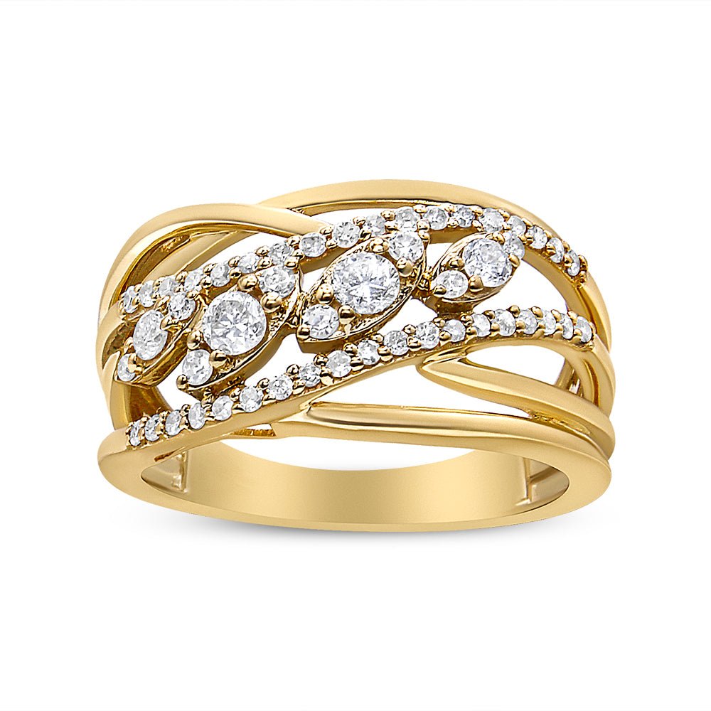 10K Yellow Gold 1/2 Cttw Round-Cut Multi Row Diamond Split Shank Cocktail Ring (H-I Color, SI2-I1 Clarity) - Size 7 - LinkagejewelrydesignLinkagejewelrydesign