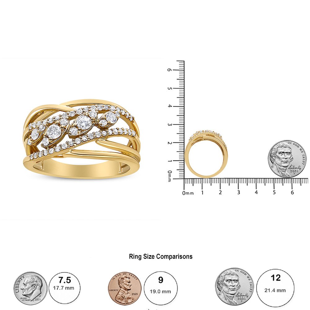 10K Yellow Gold 1/2 Cttw Round-Cut Multi Row Diamond Split Shank Cocktail Ring (H-I Color, SI2-I1 Clarity) - Size 7 - LinkagejewelrydesignLinkagejewelrydesign