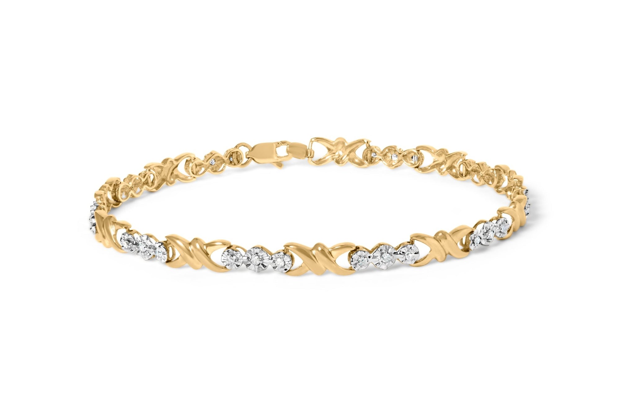 10k Yellow Gold 1/3 Cttw Diamond 3 Stone and X-Link Bracelet (I-J Color, I1-I2 Clarity) - 7.50" Inches - LinkagejewelrydesignLinkagejewelrydesign