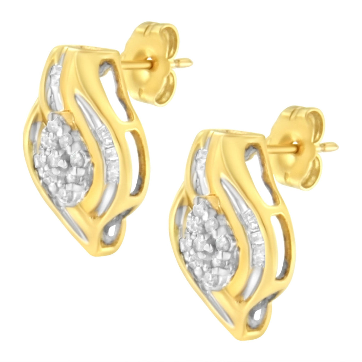 10K Yellow Gold 1/3 cttw Round-Cut Diamond Cluster and Swirl Stud Earrings (J-K Clarity, I2-I3 Color) - LinkagejewelrydesignLinkagejewelrydesign