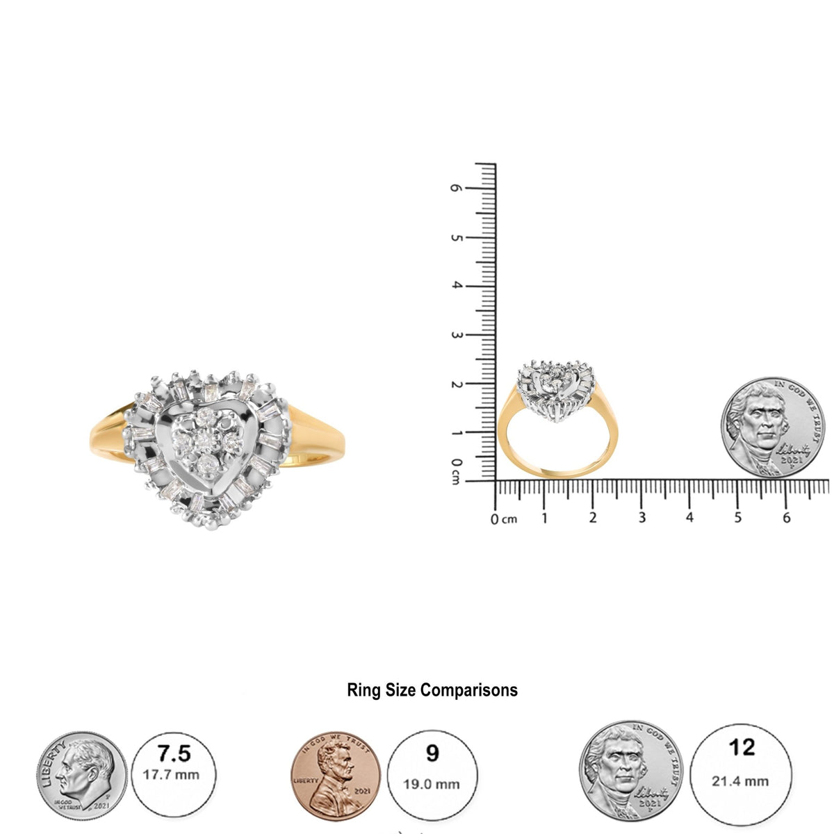 10K Yellow Gold 1/4 Cttw Round and Baguette cut Diamond Heart Shape Ballerina Ring (H-I Color, I1-I2 Clarity) - Ring Size 7 - LinkagejewelrydesignLinkagejewelrydesign