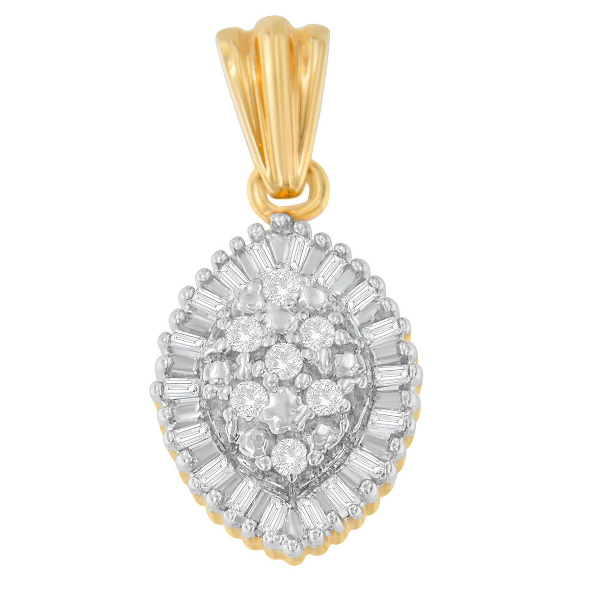 10K Yellow Gold 1/4 cttw Round and Baguette Cut Diamond Oval Burst Halo Pendant Necklace (I-J, I1-I2) - LinkagejewelrydesignLinkagejewelrydesign