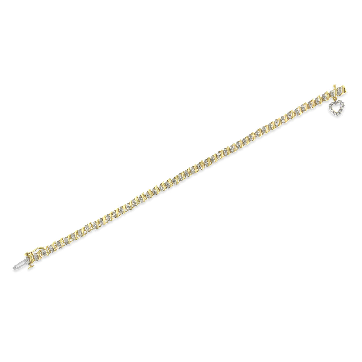 10K Yellow Gold 2.0 Cttw Diamond 2 Row Link and Heart Charm 7&quot; Link Bracelet (I-J Color, I3 Clarity) - LinkagejewelrydesignLinkagejewelrydesign