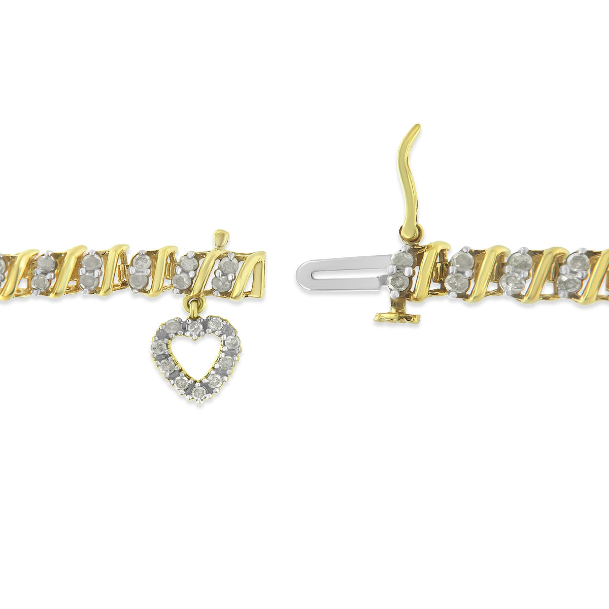 10K Yellow Gold 2.0 Cttw Diamond 2 Row Link and Heart Charm 7&quot; Link Bracelet (I-J Color, I3 Clarity) - LinkagejewelrydesignLinkagejewelrydesign