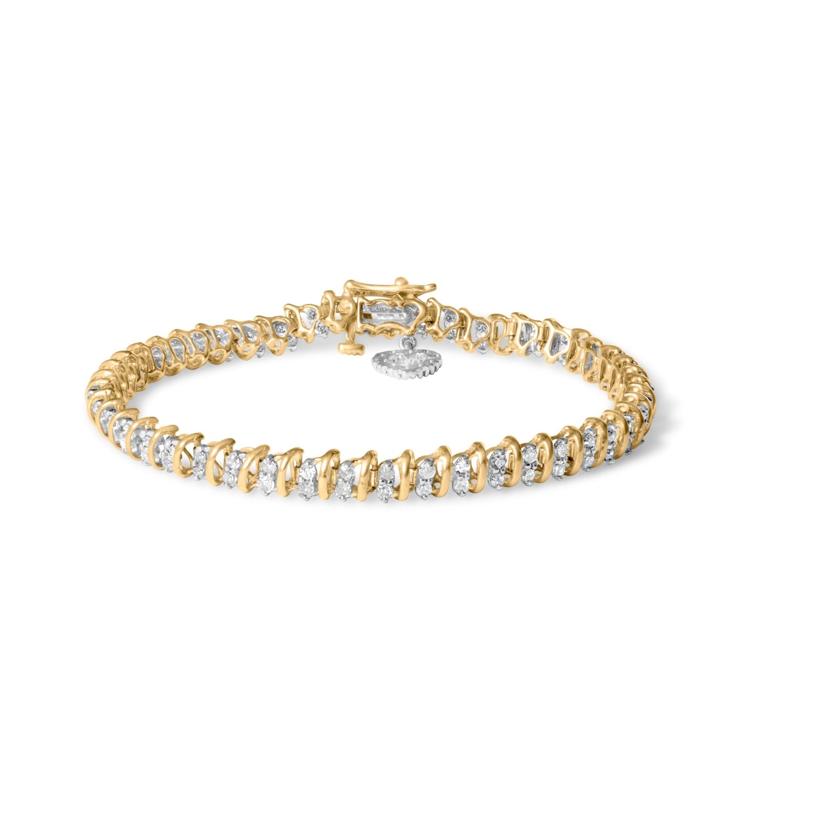 10K Yellow Gold 2.0 Cttw Diamond 2 Row Link and Heart Charm 7" Link Bracelet (I-J Color, I3 Clarity) - LinkagejewelrydesignLinkagejewelrydesign
