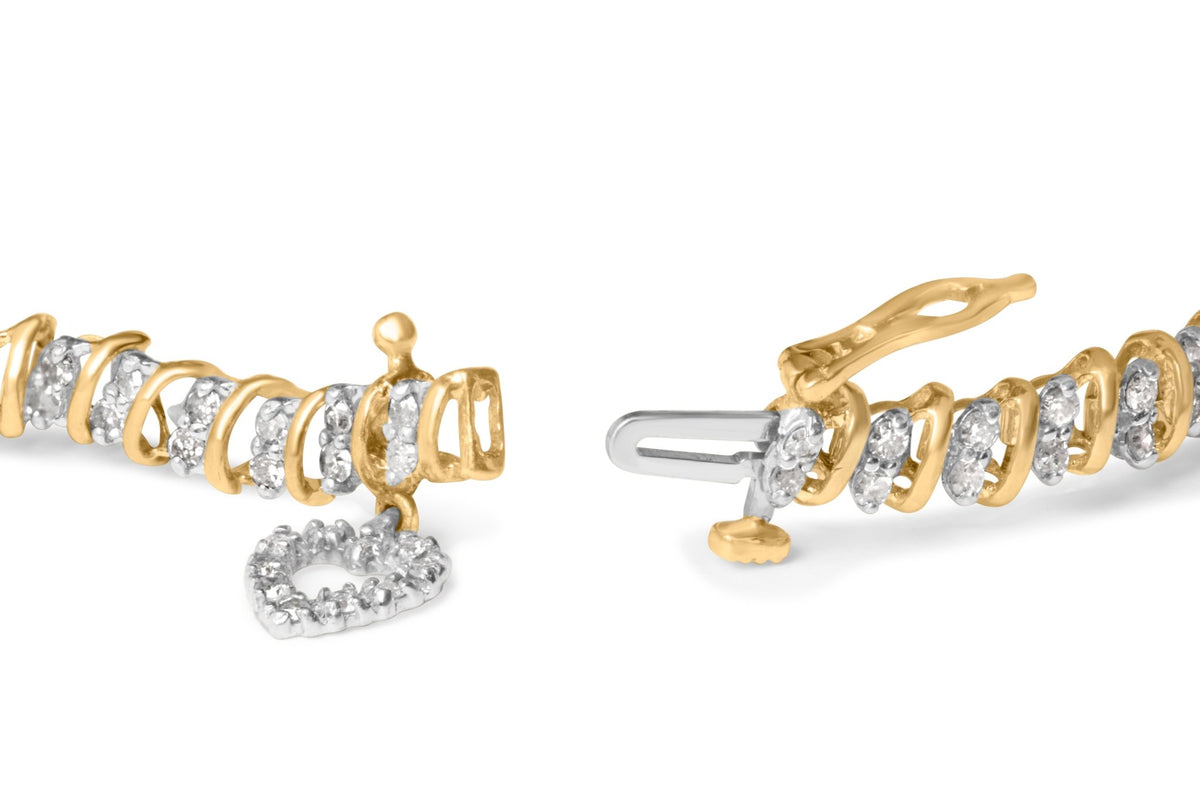 10K Yellow Gold 2.0 Cttw Diamond 2 Row Link and Heart Charm 7&quot; Link Bracelet (I-J Color, I3 Clarity) - LinkagejewelrydesignLinkagejewelrydesign