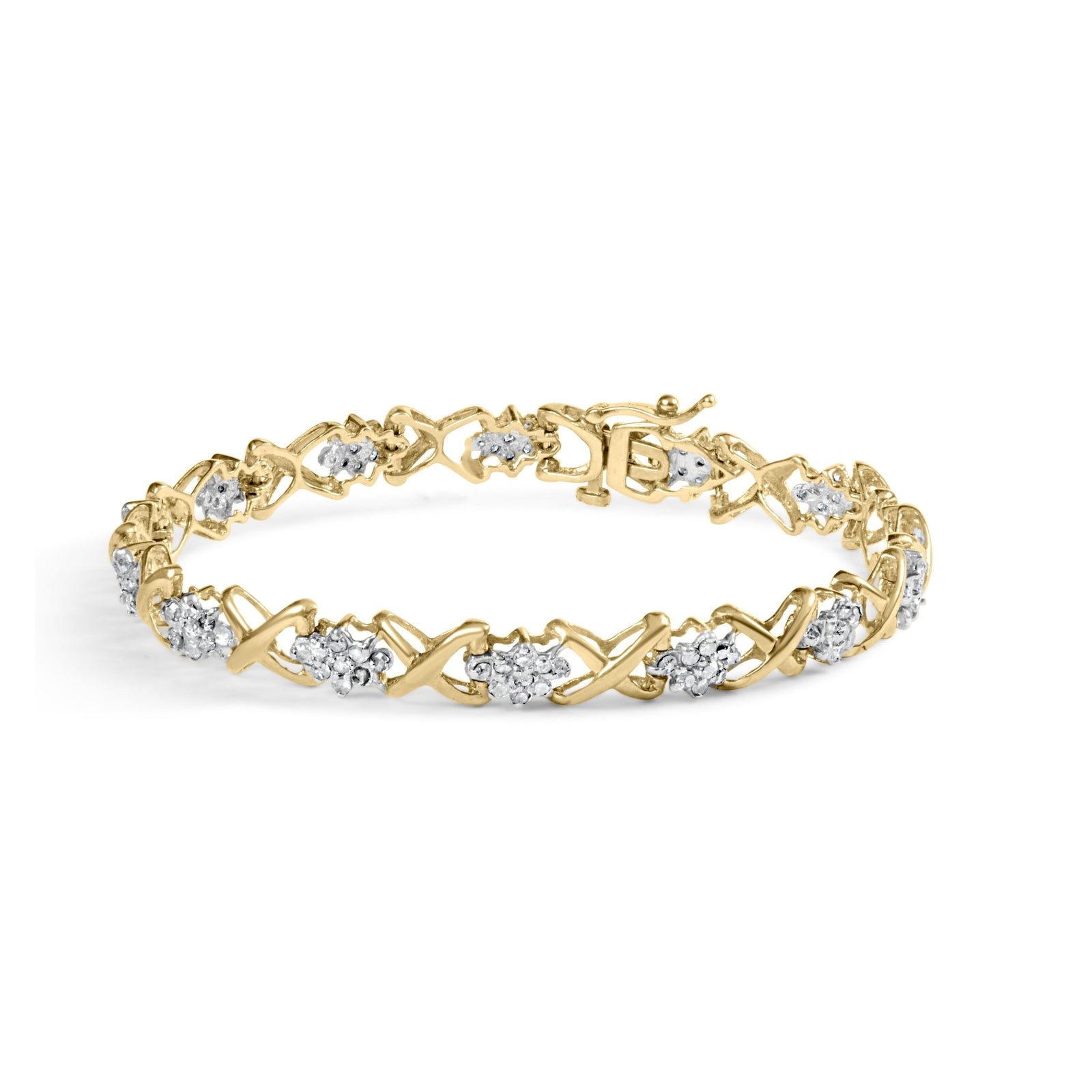 10k Yellow Gold 2.00 Cttw Diamond Cluster and Alternating "X" Link Bracelet (I-J Color, I3 Clarity) - 7" - LinkagejewelrydesignLinkagejewelrydesign