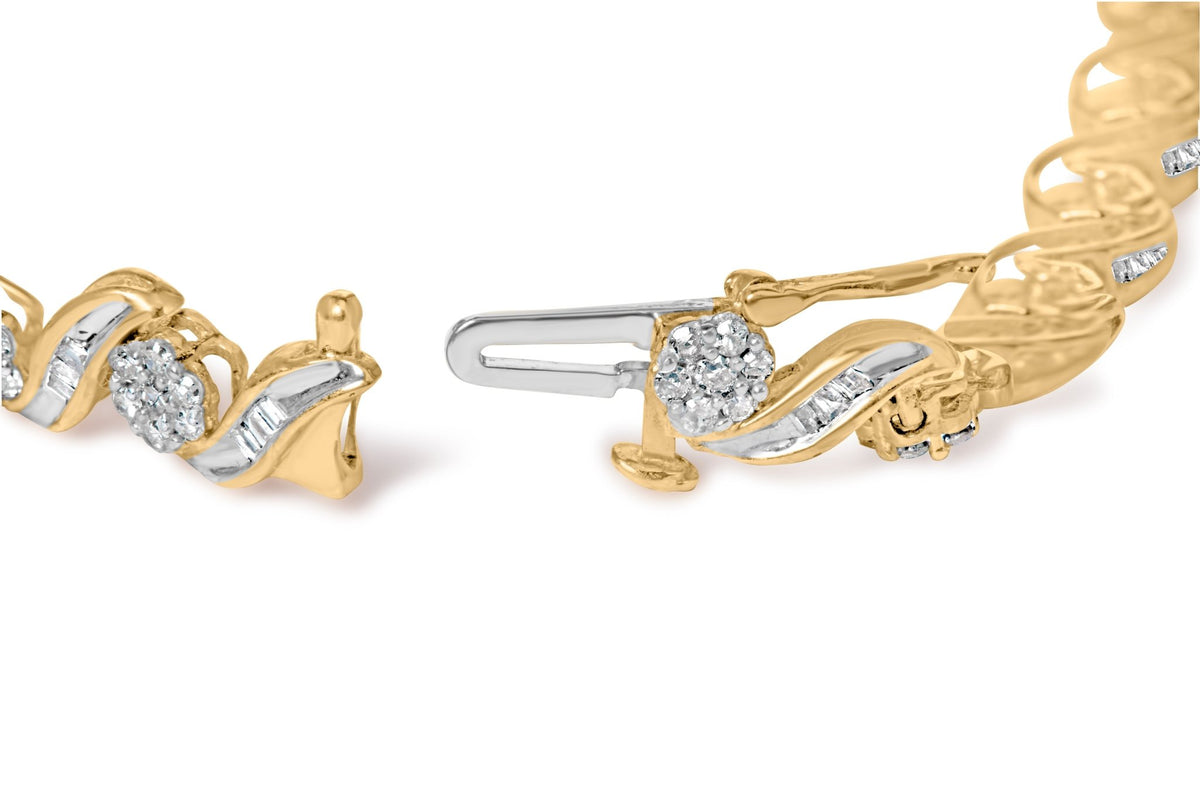 10K Yellow Gold 2.00 Cttw Round-Cut and Baguette-Cut Diamond Floral Design Swirl Link 7&quot; Bracelet (I-J Color, I1-I2 Clarity) - LinkagejewelrydesignLinkagejewelrydesign
