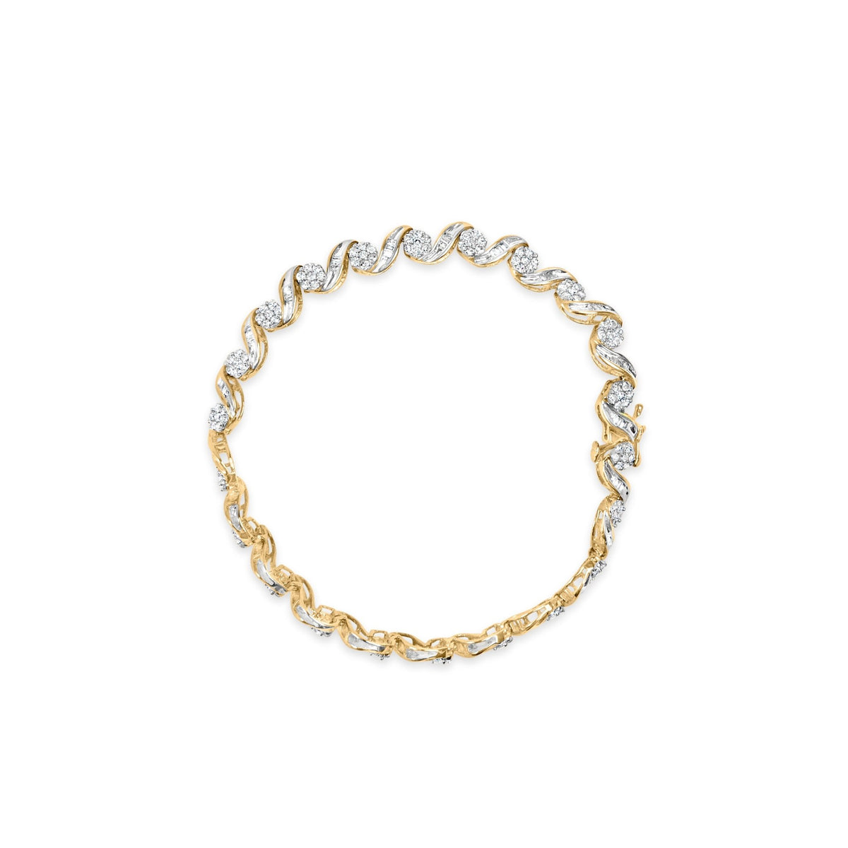 10K Yellow Gold 2.00 Cttw Round-Cut and Baguette-Cut Diamond Floral Design Swirl Link 7&quot; Bracelet (I-J Color, I1-I2 Clarity) - LinkagejewelrydesignLinkagejewelrydesign