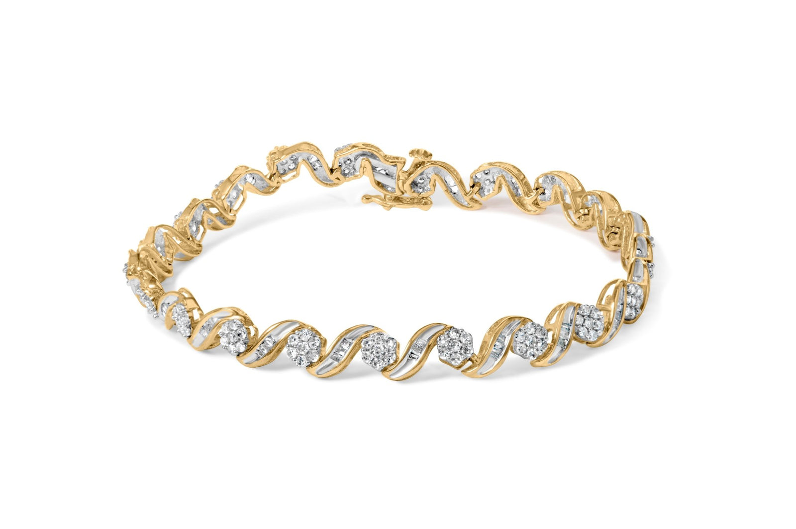 10K Yellow Gold 2.00 Cttw Round-Cut and Baguette-Cut Diamond Floral Design Swirl Link 7" Bracelet (I-J Color, I1-I2 Clarity) - LinkagejewelrydesignLinkagejewelrydesign