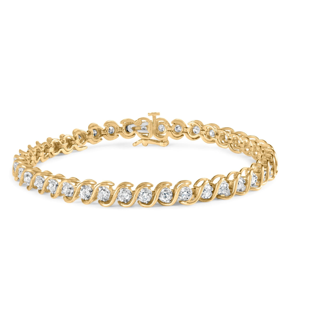 10K Yellow Gold 3 cttw Round-Cut Diamond Spiral Link 7.50&quot; Bracelet (I-J Color, I1-I2 Clarity) - LinkagejewelrydesignLinkagejewelrydesign