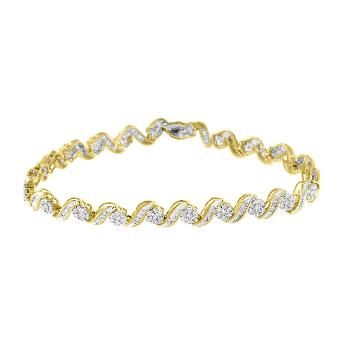 10k Yellow Gold 3.00 Cttw Round-Cut and Baguette-Cut Diamond Floral Link 7.50&quot; Bracelet (J-K Color, I1-I2 Clarity) - LinkagejewelrydesignLinkagejewelrydesign