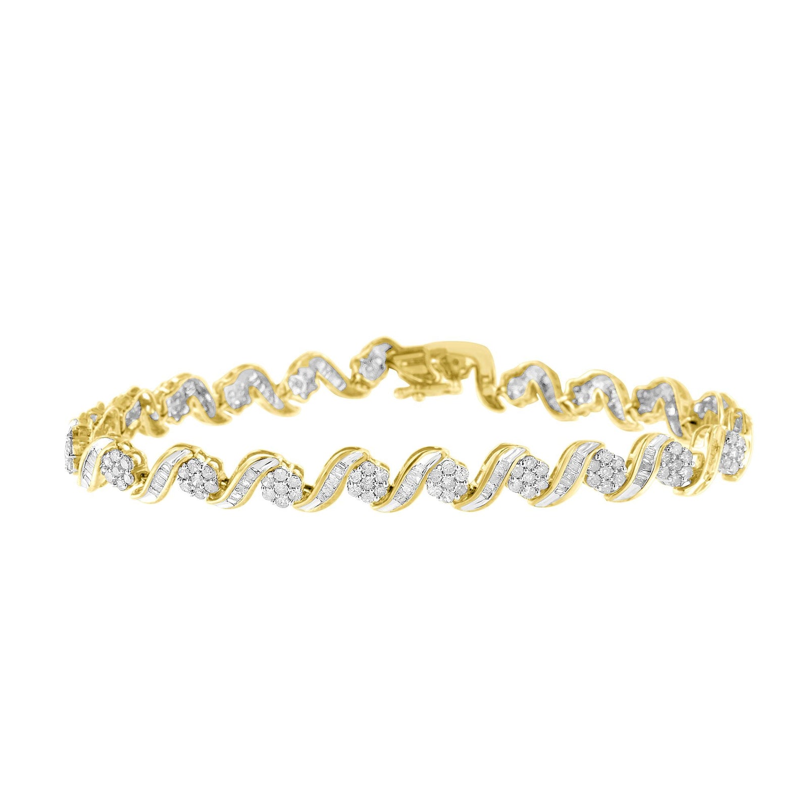 10k Yellow Gold 3.00 Cttw Round-Cut and Baguette-Cut Diamond Floral Link 7.50" Bracelet (J-K Color, I1-I2 Clarity) - LinkagejewelrydesignLinkagejewelrydesign