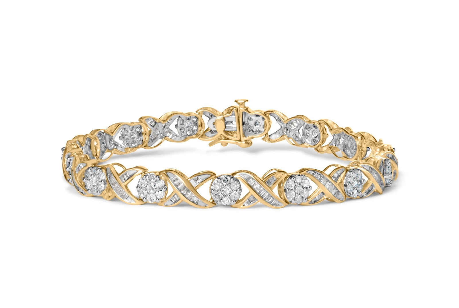 10K Yellow Gold 3.00 Cttw Round - Cut and Baguette - Cut Diamond 'XOXO' Floral Design 7.50" Bracelet (J - K Color, I1 - I2 Clarity) - LinkagejewelrydesignLinkagejewelrydesign