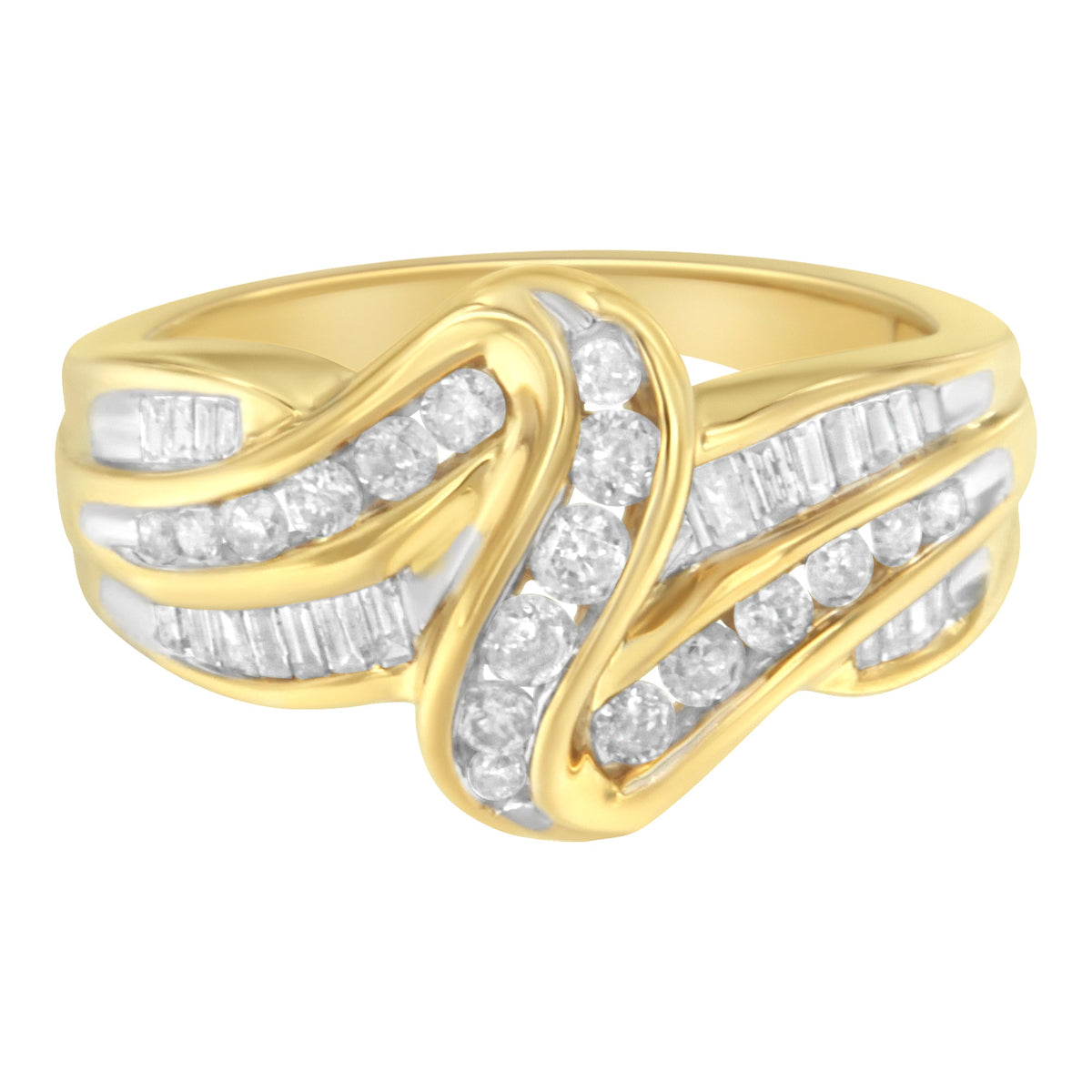 10K Yellow Gold 3/4 Cttw Channel Set Round and Baguette-cut Diamond Double Shank Bypass Ring (J-K Color, I1-I2 Clarity) - Size 6.75 - LinkagejewelrydesignLinkagejewelrydesign