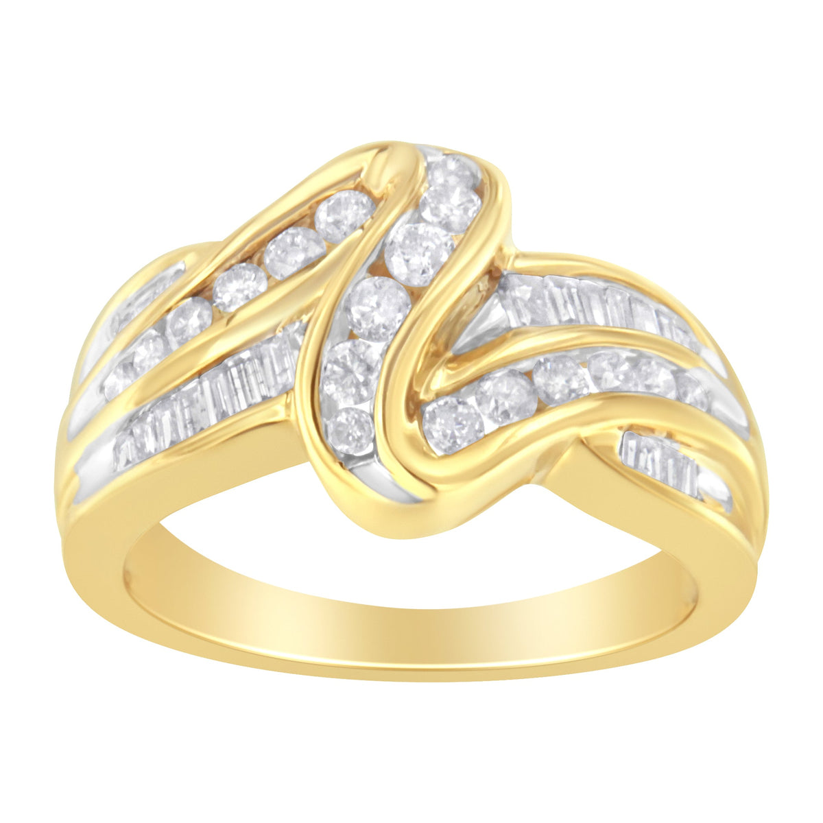10K Yellow Gold 3/4 Cttw Channel Set Round and Baguette-cut Diamond Double Shank Bypass Ring (J-K Color, I1-I2 Clarity) - Size 6.75 - LinkagejewelrydesignLinkagejewelrydesign