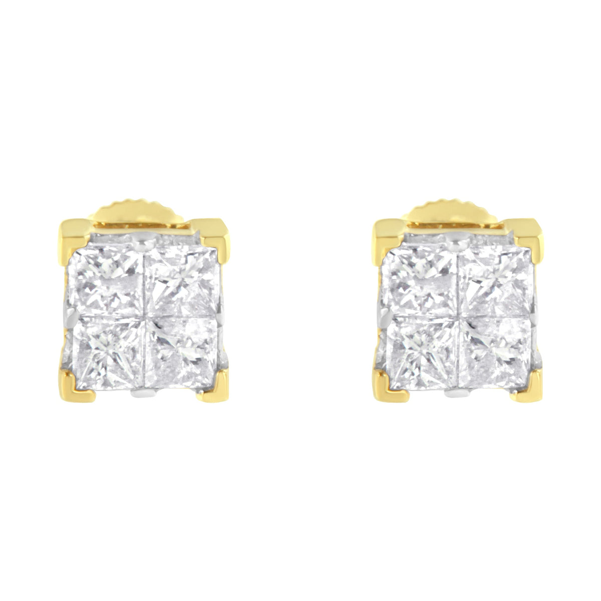 10K Yellow Gold 3/4 Cttw Invisible Set Princess-Cut Diamond Composite Square Stud Earrings (I-J Color, I2-I3 Clarity) - LinkagejewelrydesignLinkagejewelrydesign