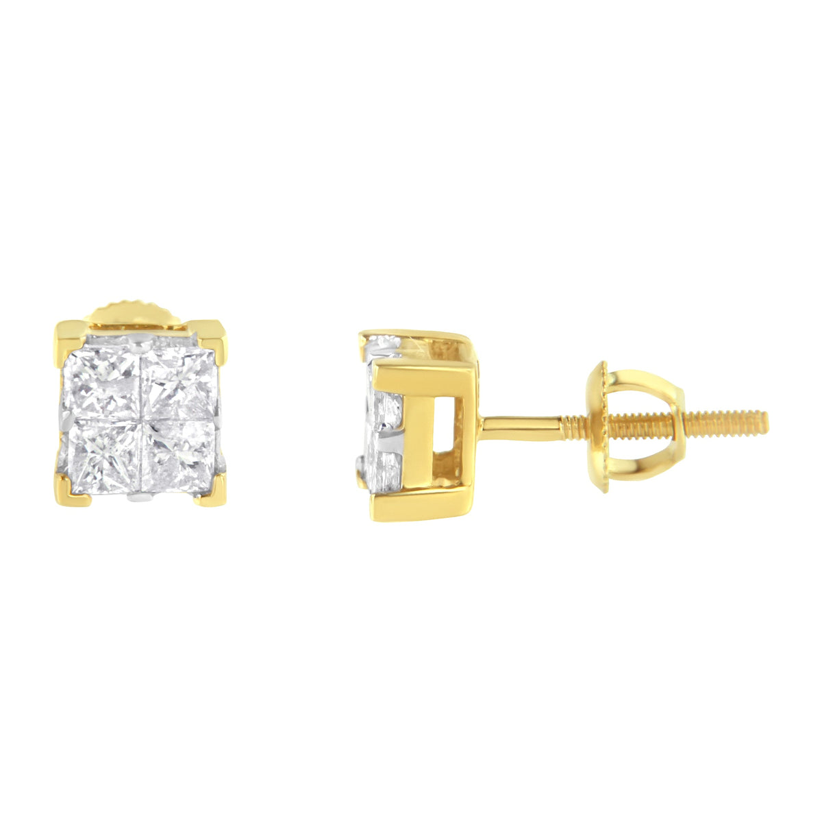 10K Yellow Gold 3/4 Cttw Invisible Set Princess-Cut Diamond Composite Square Stud Earrings (I-J Color, I2-I3 Clarity) - LinkagejewelrydesignLinkagejewelrydesign