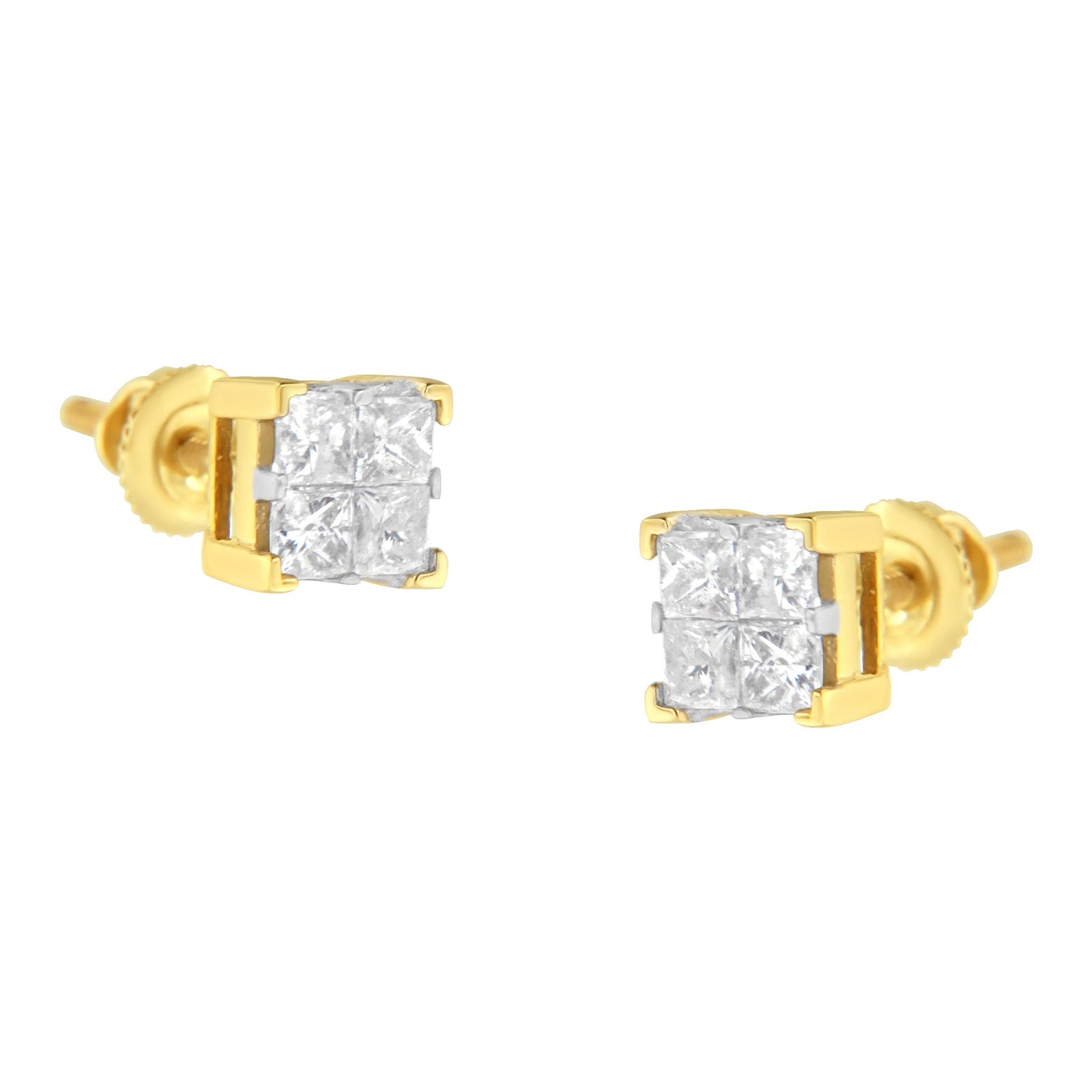 10K Yellow Gold 3/4 Cttw Invisible Set Princess-Cut Diamond Composite Square Stud Earrings (I-J Color, I2-I3 Clarity) - LinkagejewelrydesignLinkagejewelrydesign