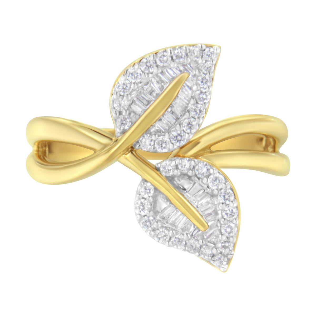 10K Yellow Gold 3/8 Cttw Round and Baguette-Cut Diamond Leaf Cocktail Ring - Size 7 (I-J Color, I1-I2 Clarity) - LinkagejewelrydesignLinkagejewelrydesign