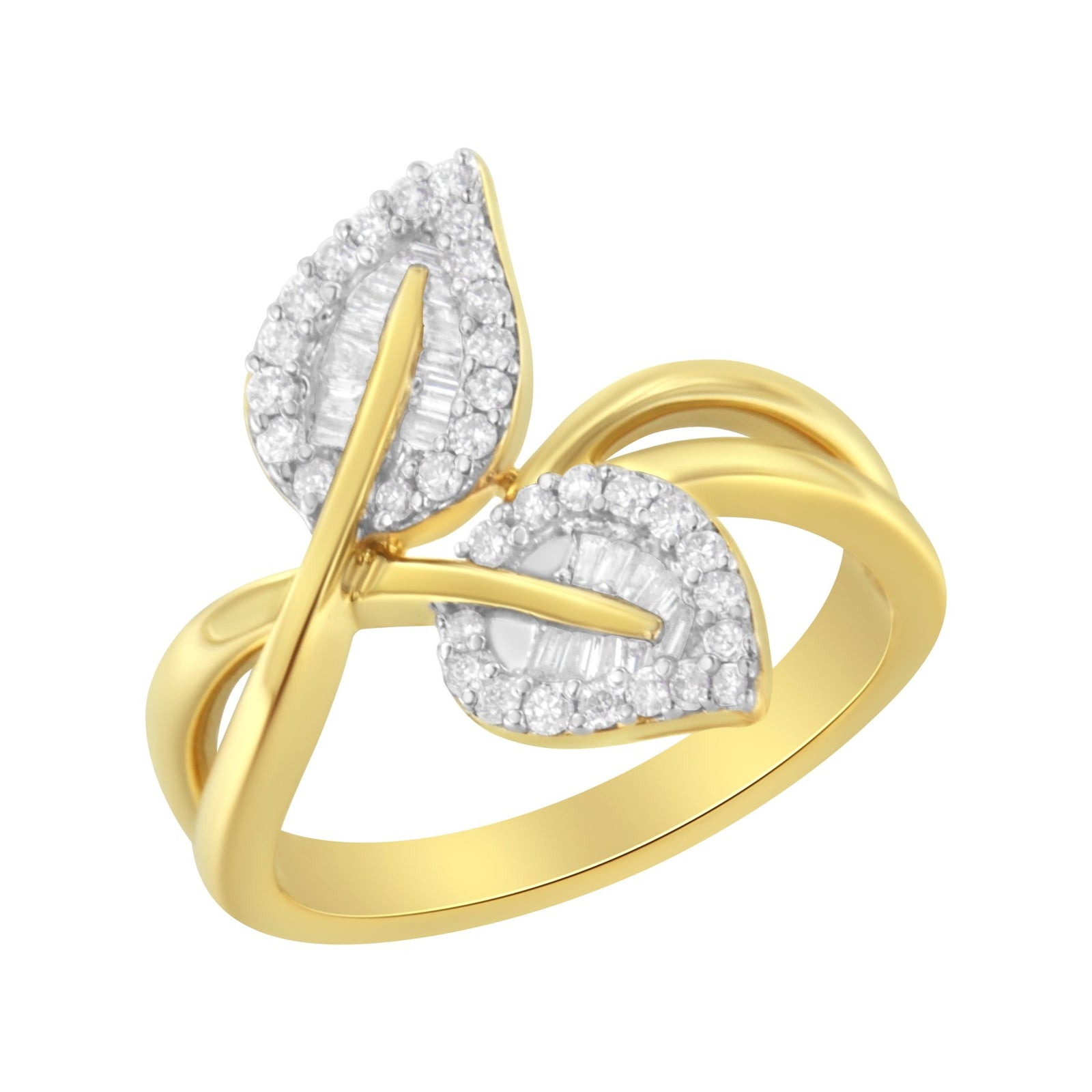 10K Yellow Gold 3/8 Cttw Round and Baguette-Cut Diamond Leaf Cocktail Ring - Size 7 (I-J Color, I1-I2 Clarity) - LinkagejewelrydesignLinkagejewelrydesign