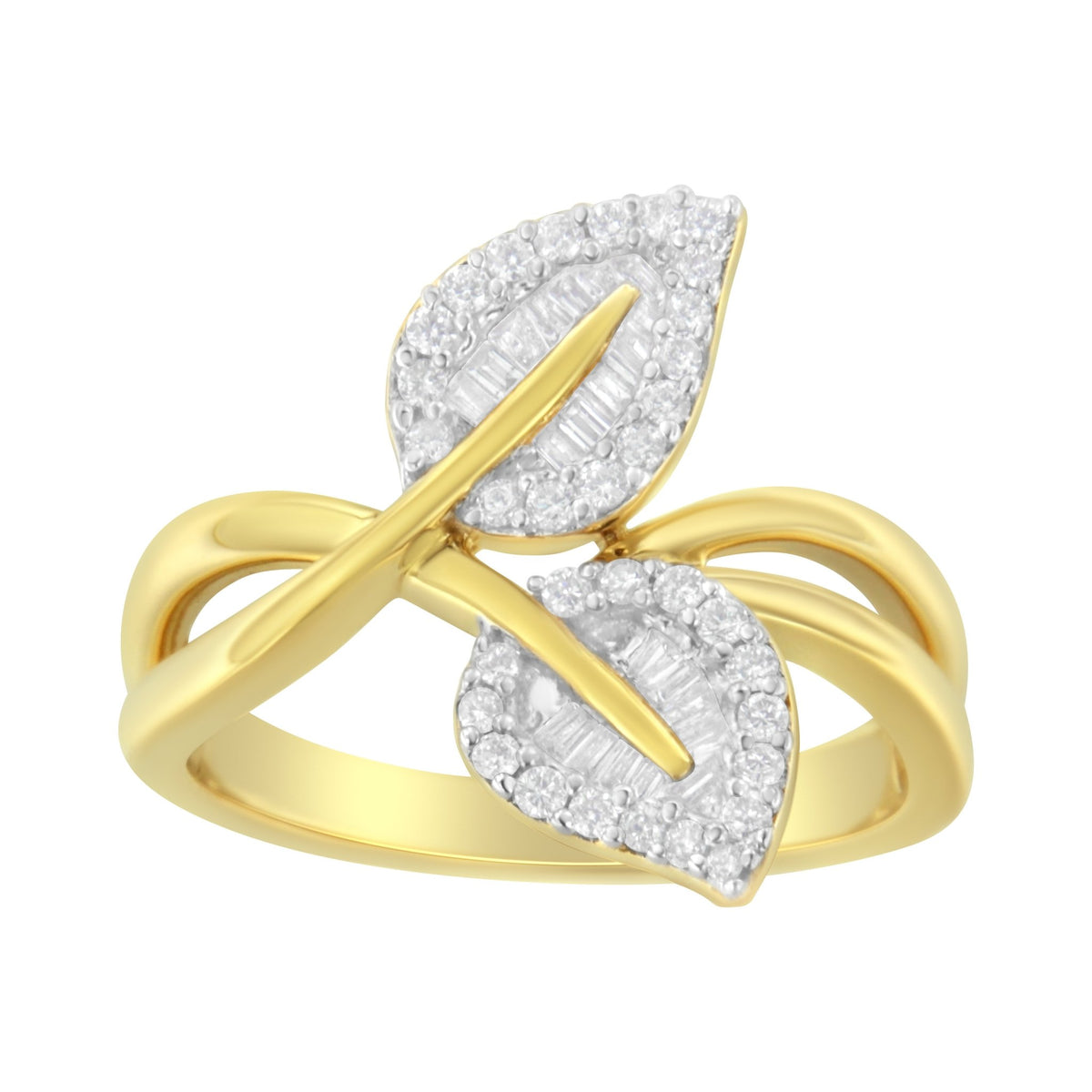 10K Yellow Gold 3/8 Cttw Round and Baguette-Cut Diamond Leaf Cocktail Ring - Size 7 (I-J Color, I1-I2 Clarity) - LinkagejewelrydesignLinkagejewelrydesign