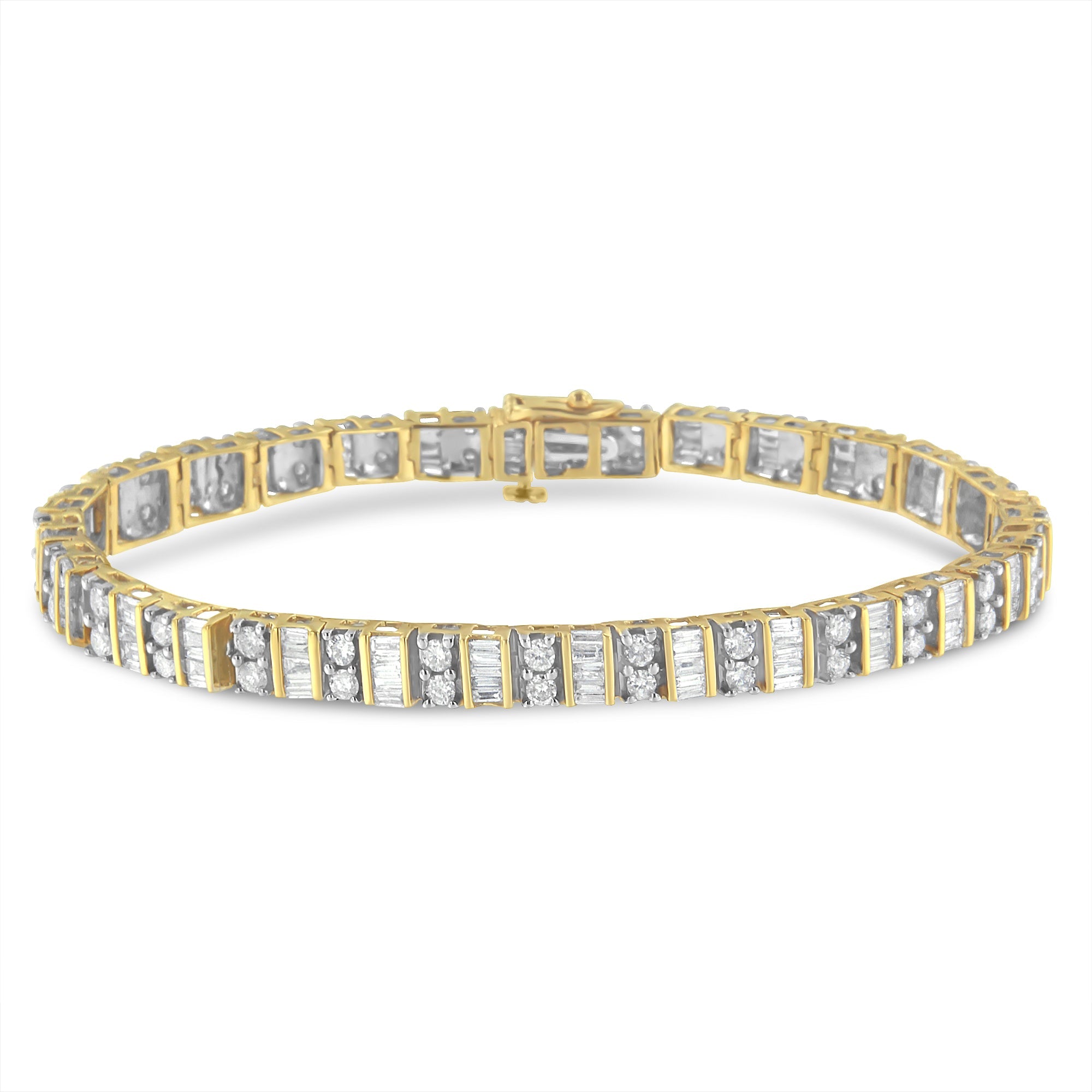 10K Yellow Gold 4.0 Cttw Alternating Baguette & Round Cut Diamond Bezel- & Prong-Set 7" Tennis Bracelet (G-H Color, SI1-SI2 Clarity) - LinkagejewelrydesignLinkagejewelrydesign