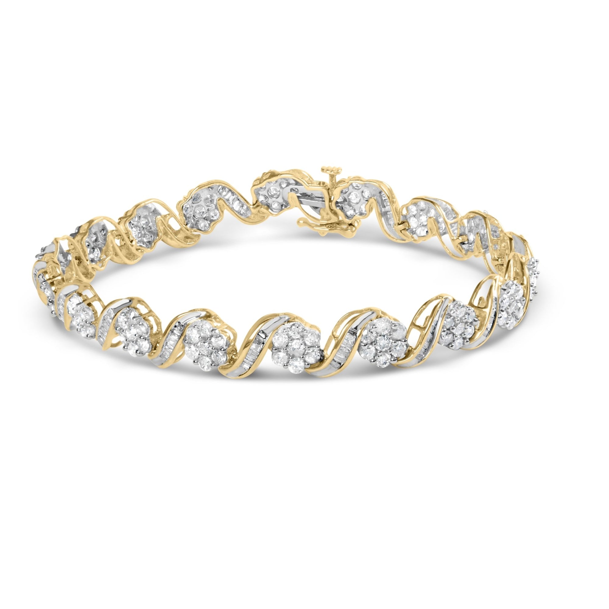 10k Yellow Gold 5.00 Cttw Round-Cut and Baguette-Cut Diamond Floral Link 7.25" Bracelet (I-J Color, I2-I3 Clarity) - LinkagejewelrydesignLinkagejewelrydesign