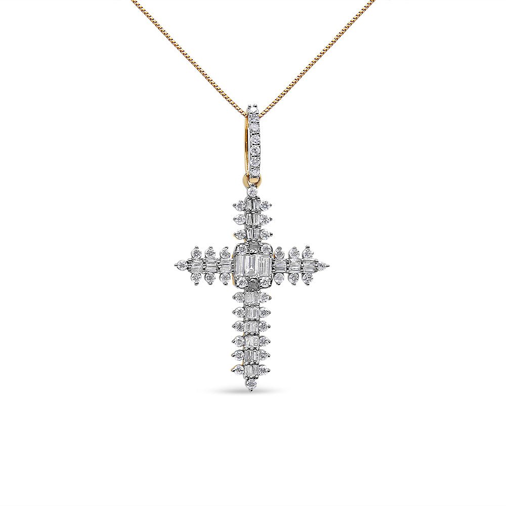 10K Yellow Gold 7/8 Cttw Round & Baguette Diamond Zigzag Pattern Cross Pendant Necklace (H - I Color, SI2 - I1 Clarity) - NO CHAIN INCLUDED - LinkagejewelrydesignLinkagejewelrydesign