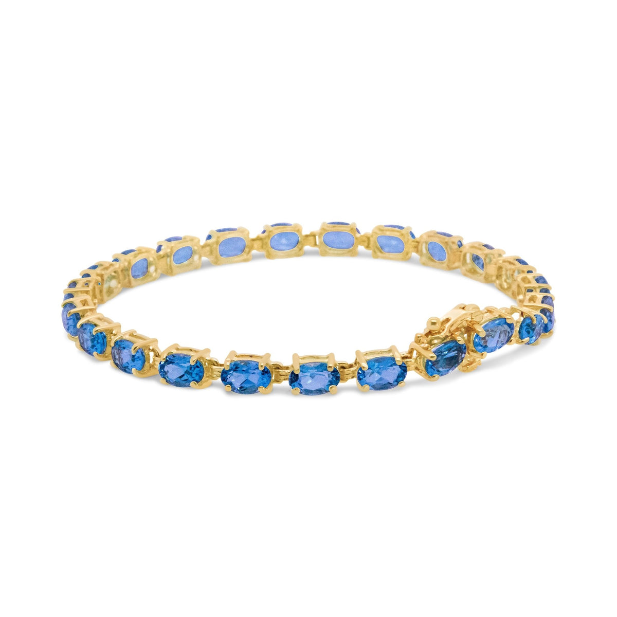 10K Yellow Gold and 4 Prong Set 6X4 MM Blue Topaz Link Tennis Bracelet - Size 7 Inches - LinkagejewelrydesignLinkagejewelrydesign