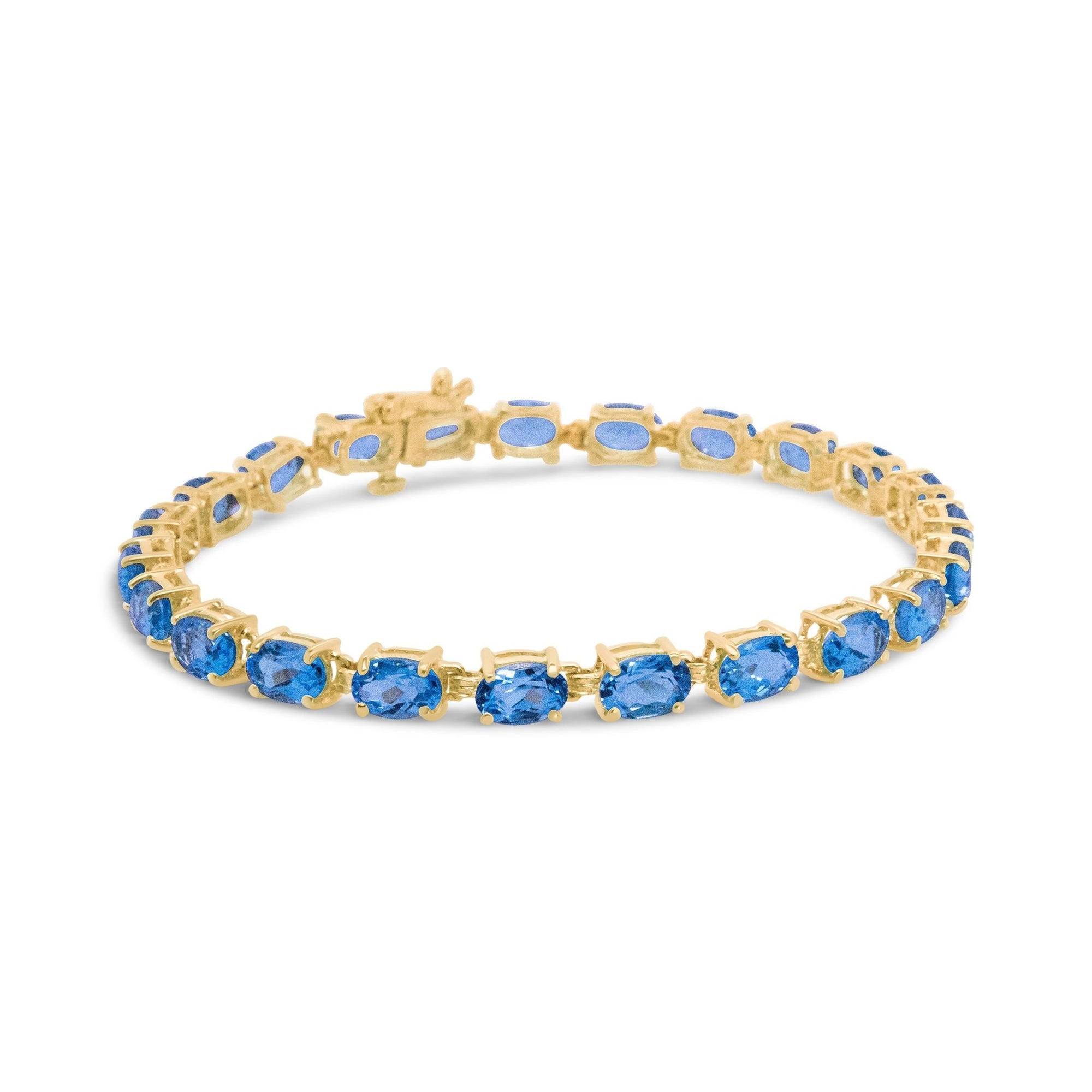 10K Yellow Gold and 4 Prong Set 6X4 MM Blue Topaz Link Tennis Bracelet - Size 7 Inches - LinkagejewelrydesignLinkagejewelrydesign