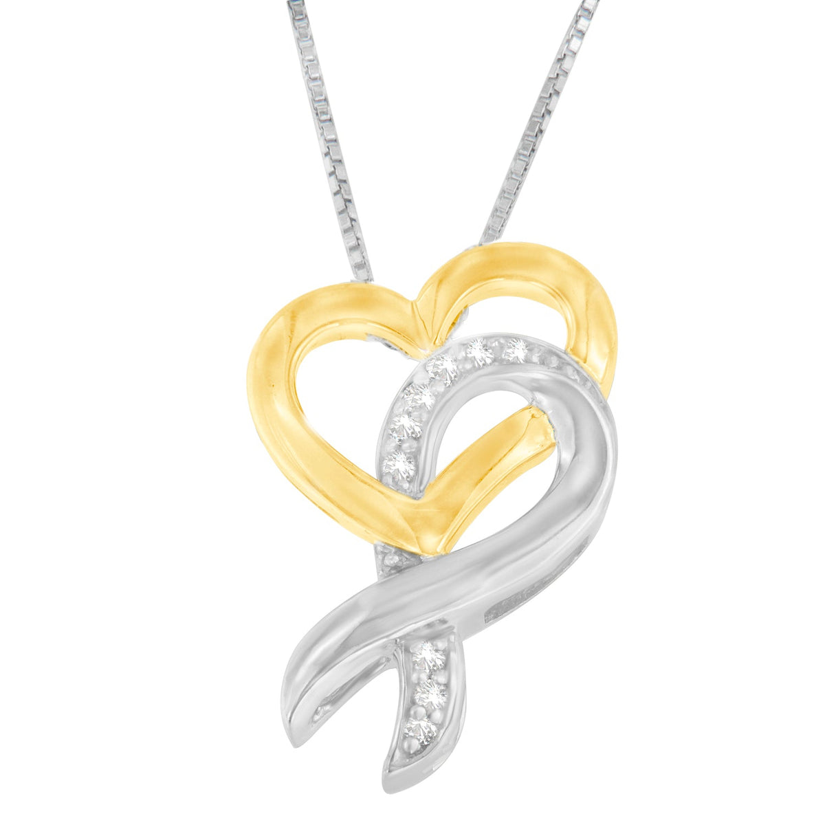 10K Yellow Gold and .925 Sterling Silver 1/20 cttw Diamond Ribbon-Heart Pendant Necklace (H-I, I1-I2) - LinkagejewelrydesignLinkagejewelrydesign