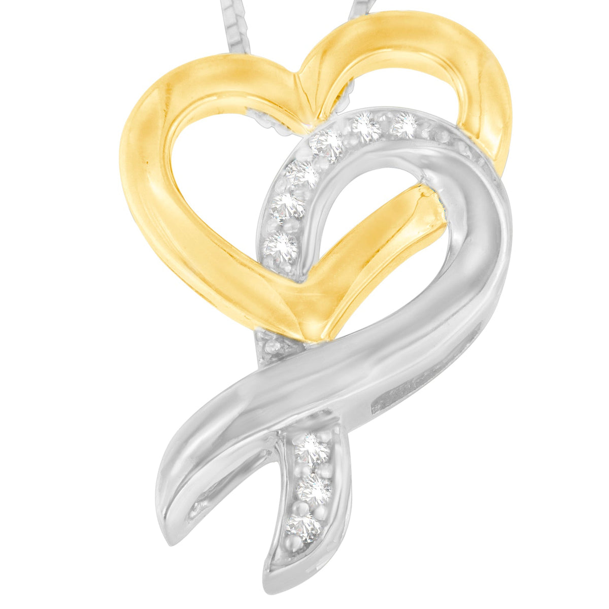 10K Yellow Gold and .925 Sterling Silver 1/20 cttw Diamond Ribbon-Heart Pendant Necklace (H-I, I1-I2) - LinkagejewelrydesignLinkagejewelrydesign