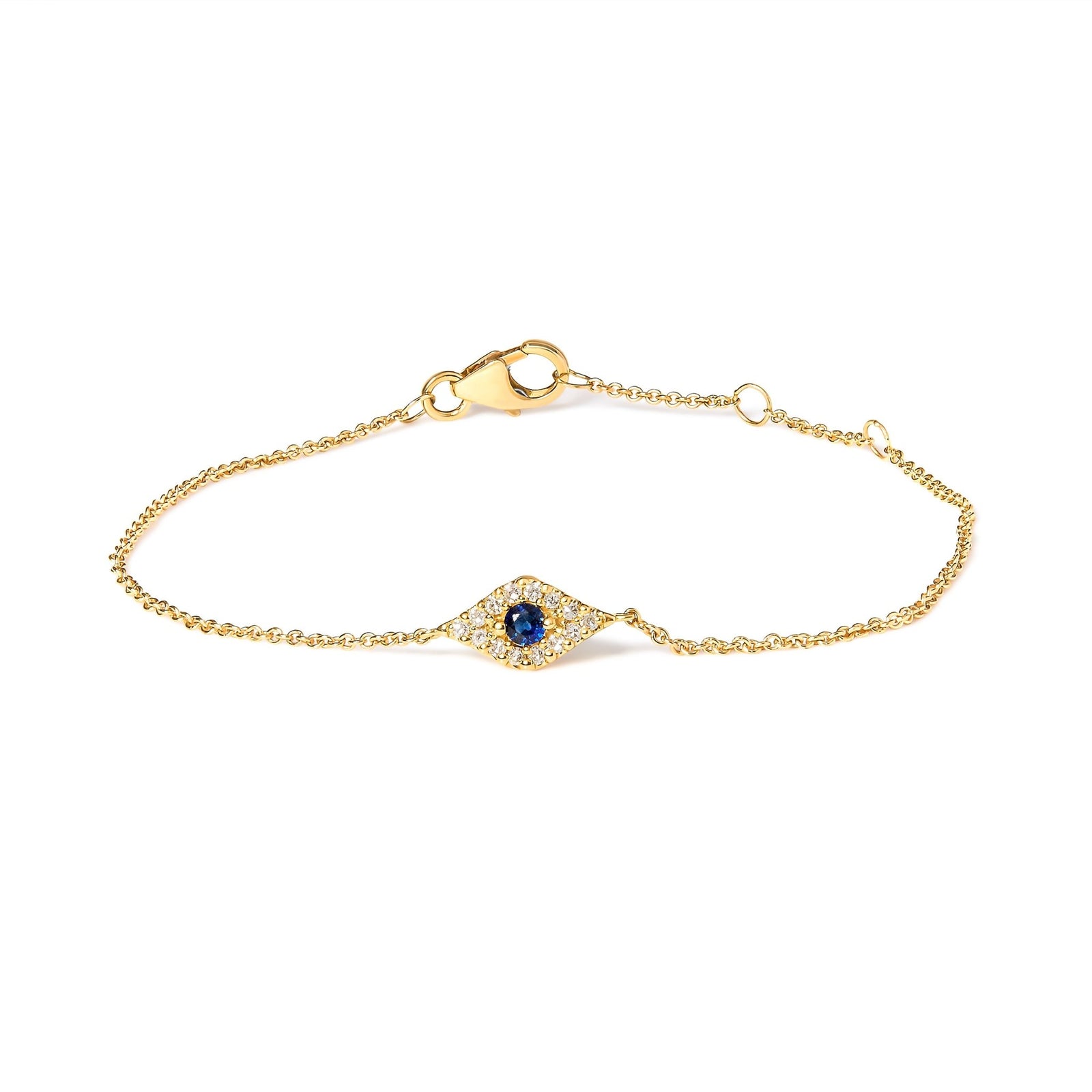 10K Yellow Gold Blue Sapphire and Diamond Accent Evil Eye Station Link Bracelet (H-I Color, I1-I2 Clarity) - Size 7" - LinkagejewelrydesignLinkagejewelrydesign