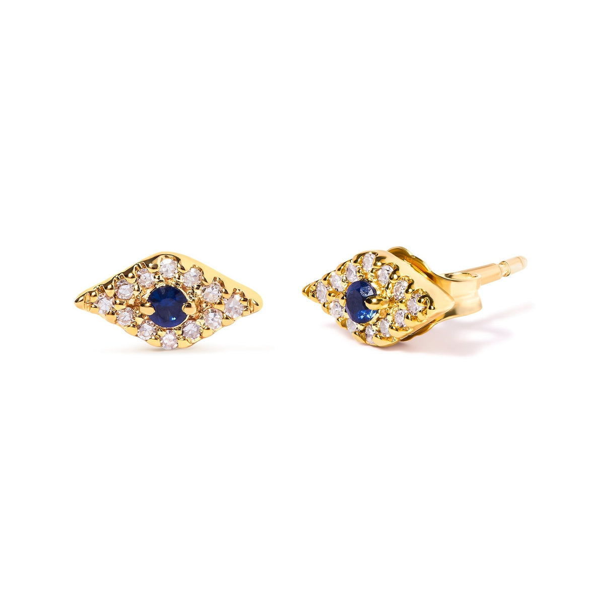 10K Yellow Gold Blue Sapphire and Diamond Accent Evil Eye Stud Earring (H-I Color, I1-I2 Clarity) - LinkagejewelrydesignLinkagejewelrydesign